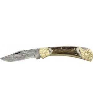 Damascus Star Lockback Stag Handle